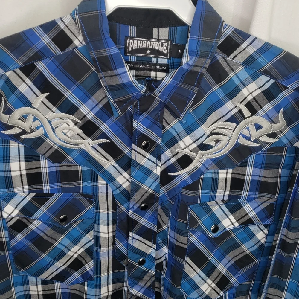 Panhandle slim fit Western pearl snap shirt size medium blue black plaid